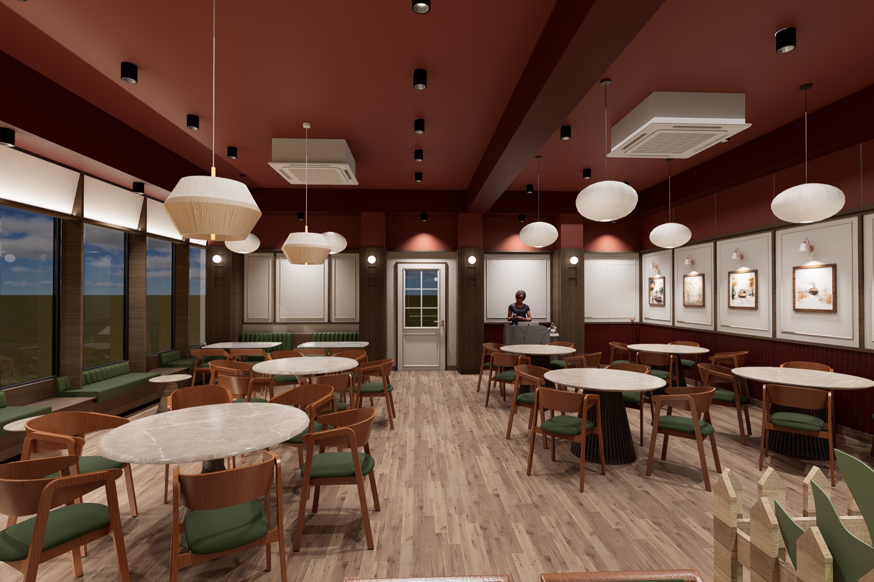 Wide view of The INNDRI 25 dining room with warm pendant lighting