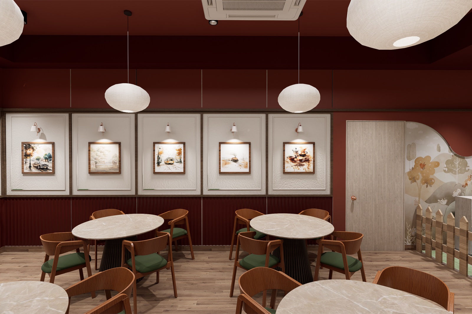 Warmly lit dining tables and framed artwork